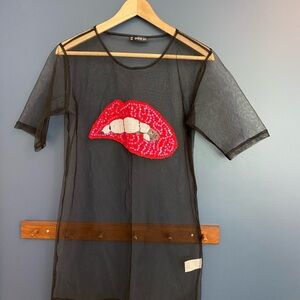 SHEIN Black Mesh Top with Red Embellishments size XS